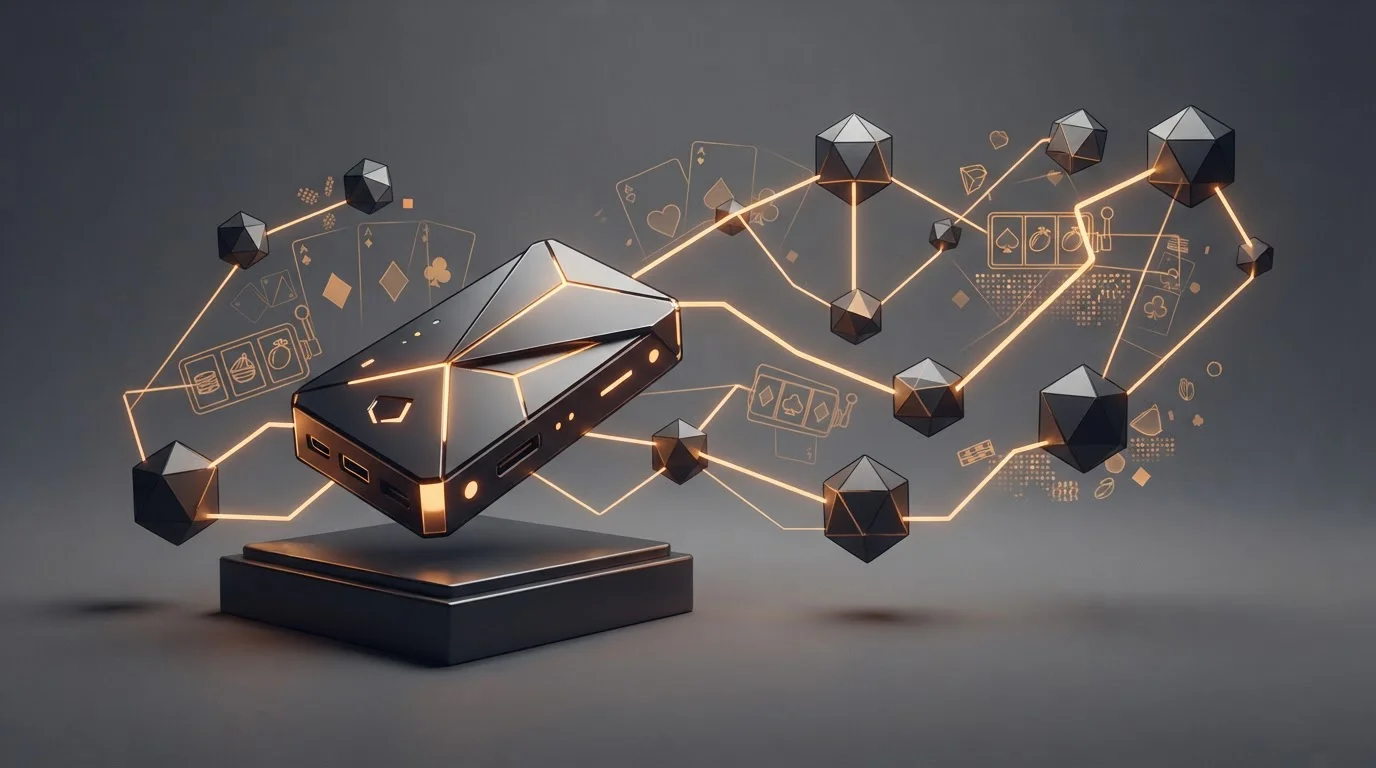 Abstract crypto wallet and casino game interface elements on a dark editorial background