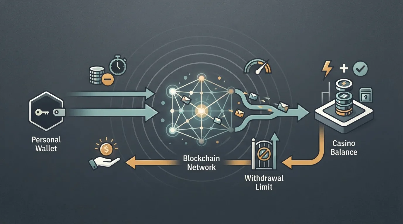 Crypto wallet transaction flow passing through network fees and withdrawal limits