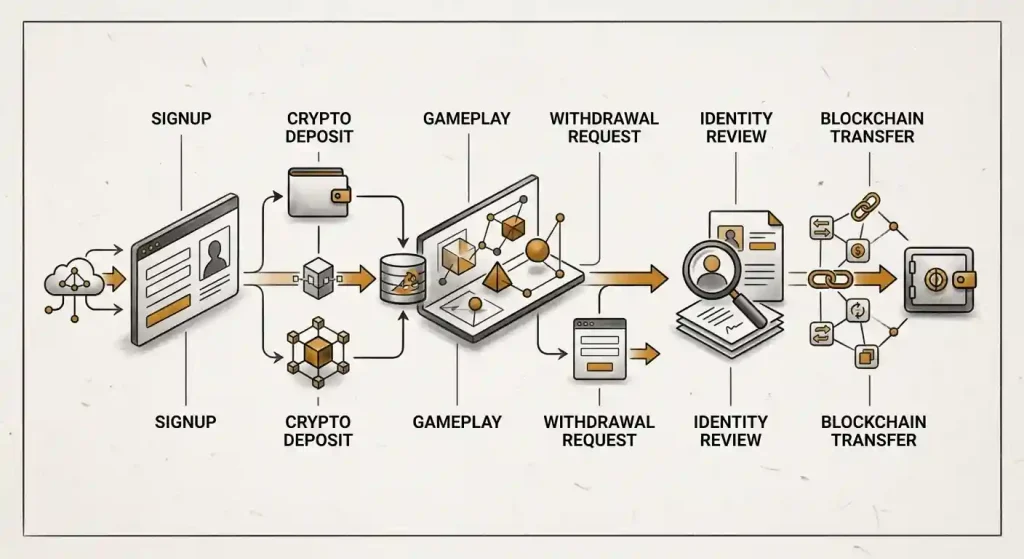 Account journey from signup through deposit, play, withdrawal request and identity review checkpoints