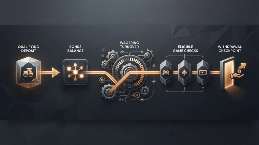 Abstract bonus wagering flow with deposit, bonus balance, betting turnover and withdrawal checkpoints