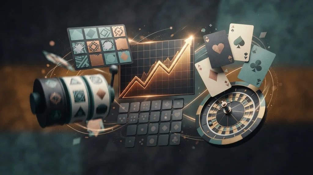 Abstract casino game library with slot reels, cards, roulette wheel, crash graph and number-game tiles