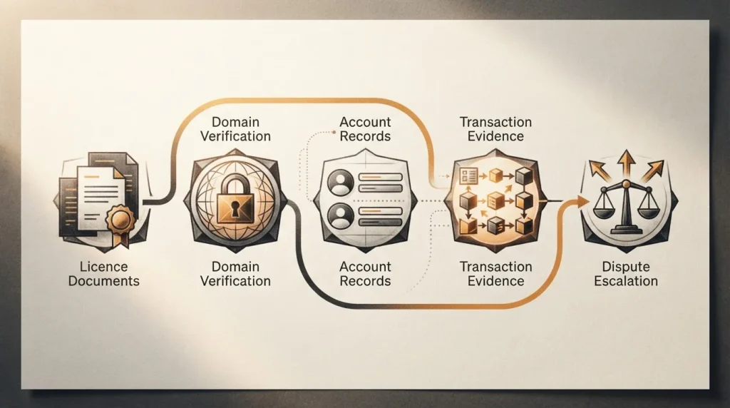 Abstract document path connecting licence records, account records and dispute steps