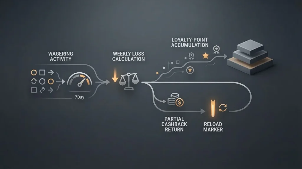 Neutral loyalty flow with wagering activity, weekly loss calculation, cashback return and loyalty-point accumulation
