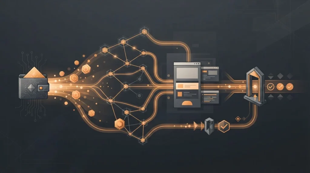 Crypto wallet transaction flow with coin icons, network paths and withdrawal checkpoints